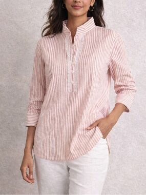 Leggiadro Pink White Stripe Cotton Tunic Blouse Lace Trim 3/4 Sleeve Size S